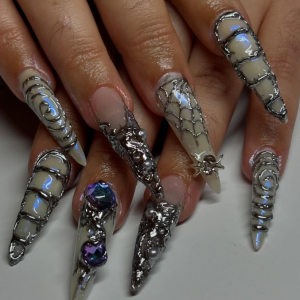 ongles pointus avec des strass et dessins d'araignées