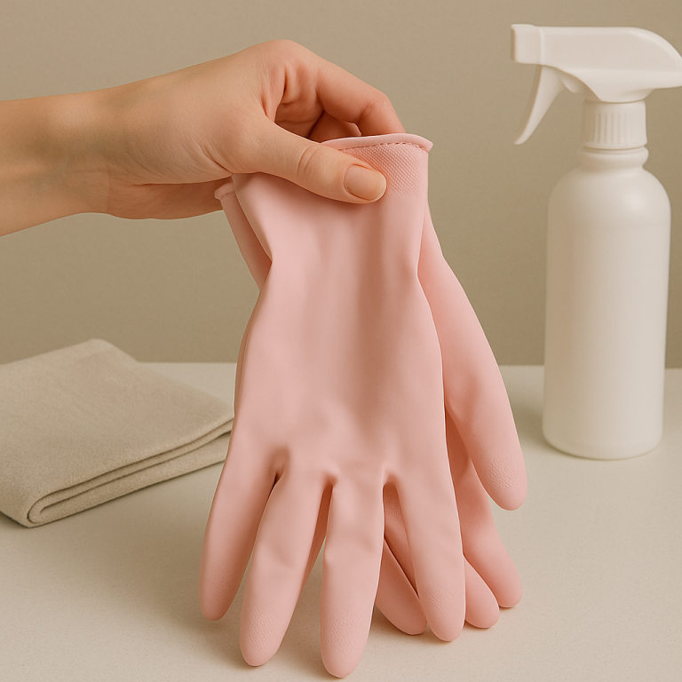 main tenant des gants roses avec un spray et une serviette posés à côté