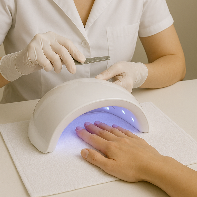 Image d'une prothésiste ongulaire avec des gants entrain de s'occuper des ongles d'une personne avec une lampe à UV et une lime